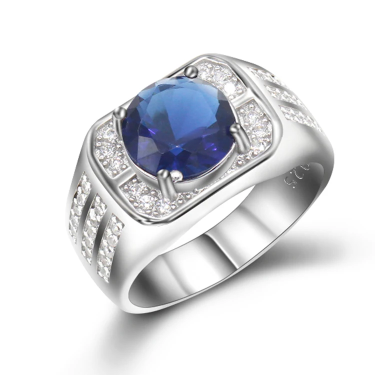 Malaysia 925 Sterling Silver Big Blue Stone with Cubic Zircon Men Ring Wedding Engagement Ring for Man Women Jewelry