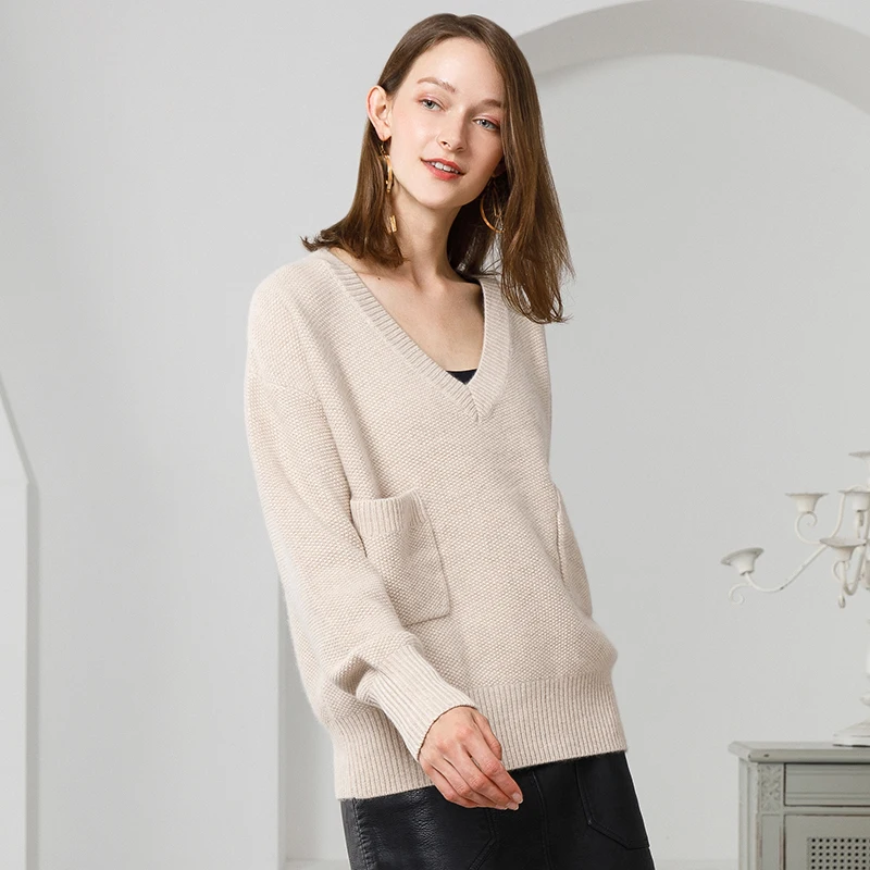 Women sweater knitting  sweater cashmere  with pockets fashion  V neck pullover sweaters for Autumn&winter