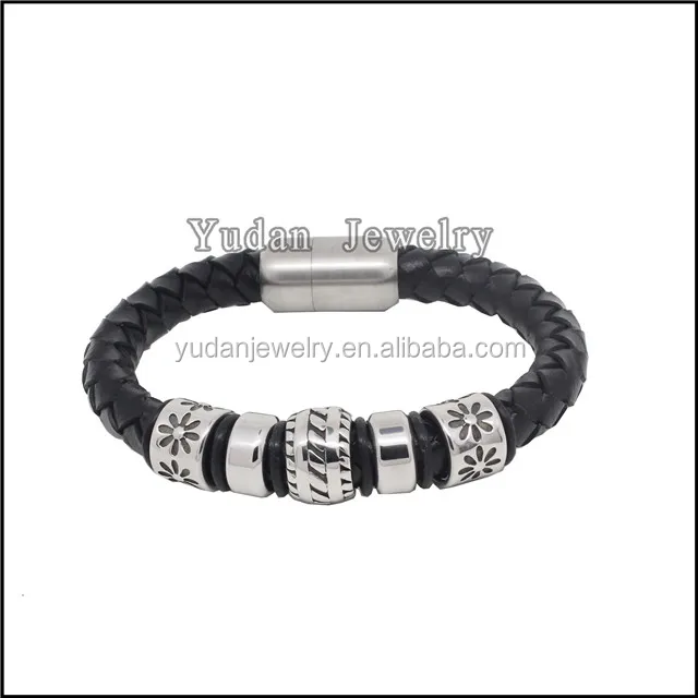 Yudan Jewelry Titanium Steel Cross Religious Jewelry Leather Bracelet