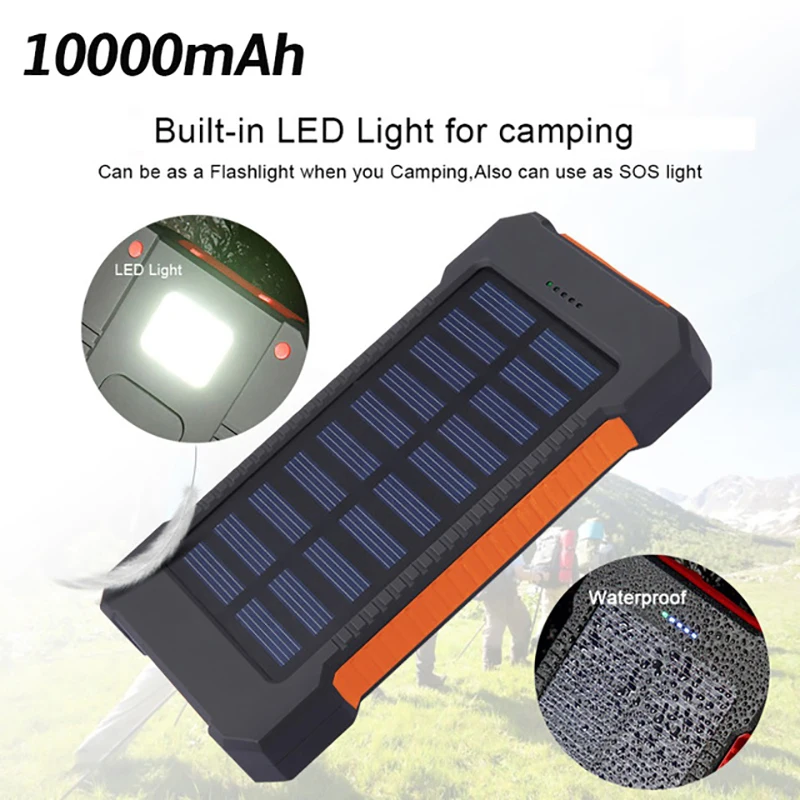 FOVigour 10000mah outdoor solar power charger with LED light waterproof solar charger portable