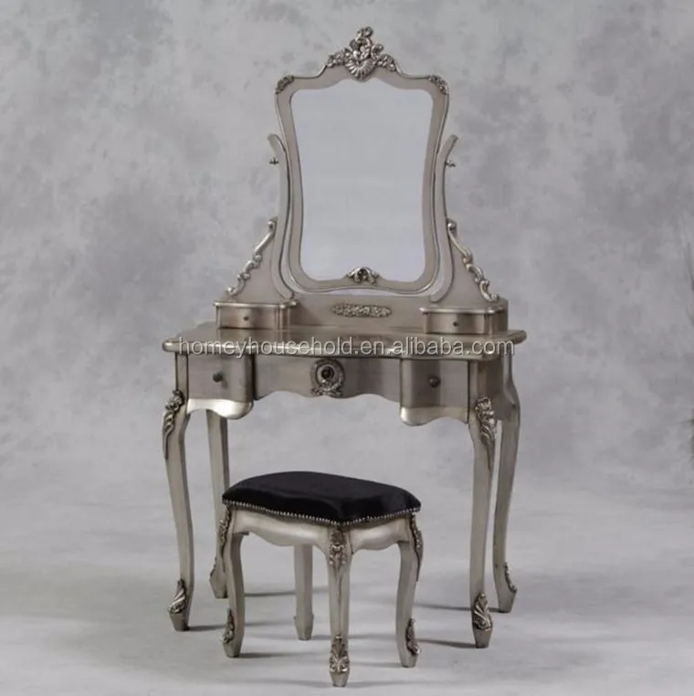 
Baroque Style Antique White Dressing Bedroom Side Makeup Vanity Table Set Table Stool 