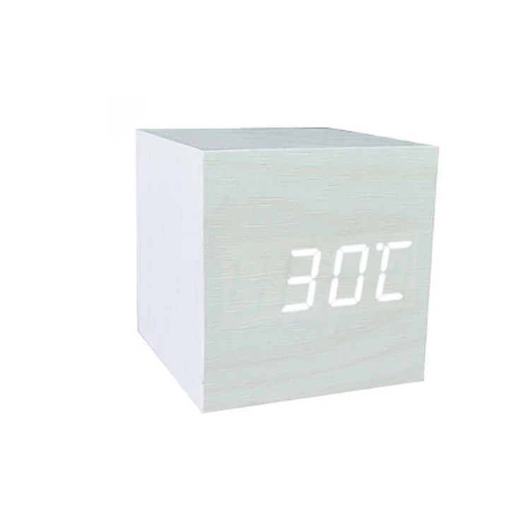 Desktop Different Colored Fonts Digital Thermometer Temperature Time and Date Roller Play Wooden Alarm Clock