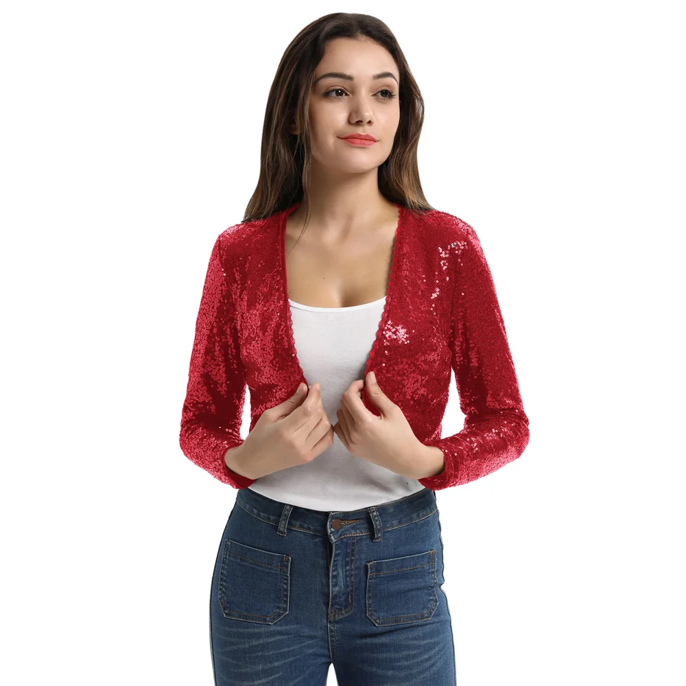 Wholesale Amazon Women Shining Sequined Long Sleeve Cropped Length Open Front Bolero Shrug