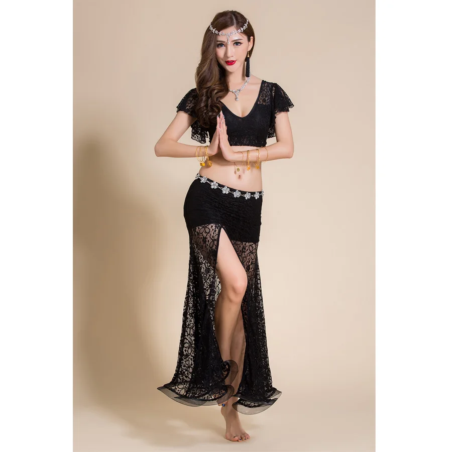 Girl Practice Dancer Costume Belly Dance Dancing Sexy Lace Top And Long Skirt Set