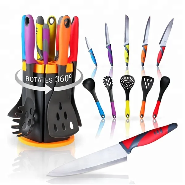 11 Piece Colorful Kitchen Knife and Nylon Cooking Utensil Set With Rotating Stand l China Factory Kitchenware