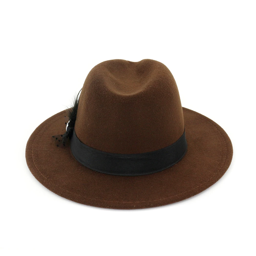 Модная фетровая Федора ручной работы, джазовая шляпа и Кепка, шляпы с широкими полями, украшение с перьями