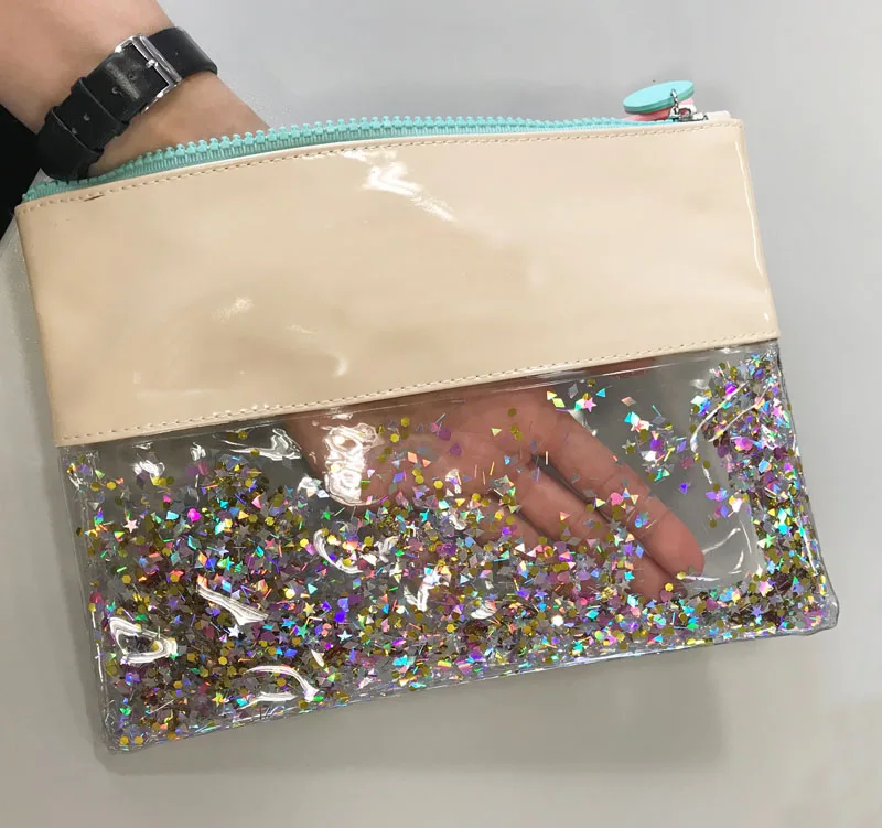 ARTGIMEN Custom Fashion Clear PVC Cosmetic Pouch Bag With Liquid Glitters Cheap Glitter Makeup Pouch