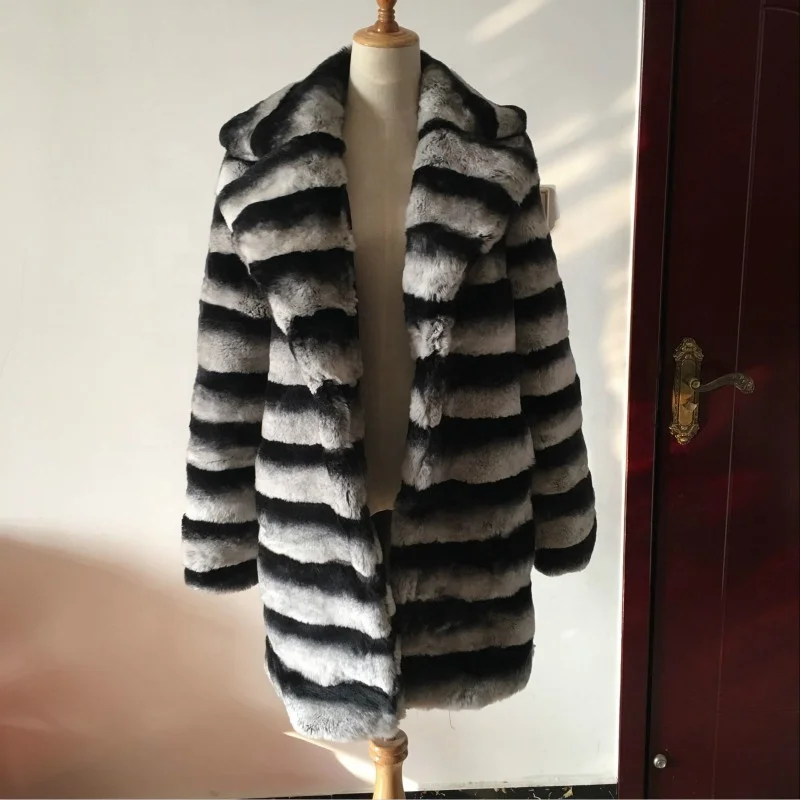 2019 Long Sleeves Stripe Standing Collar Chinchilla Rex Rabbit Fur Coat