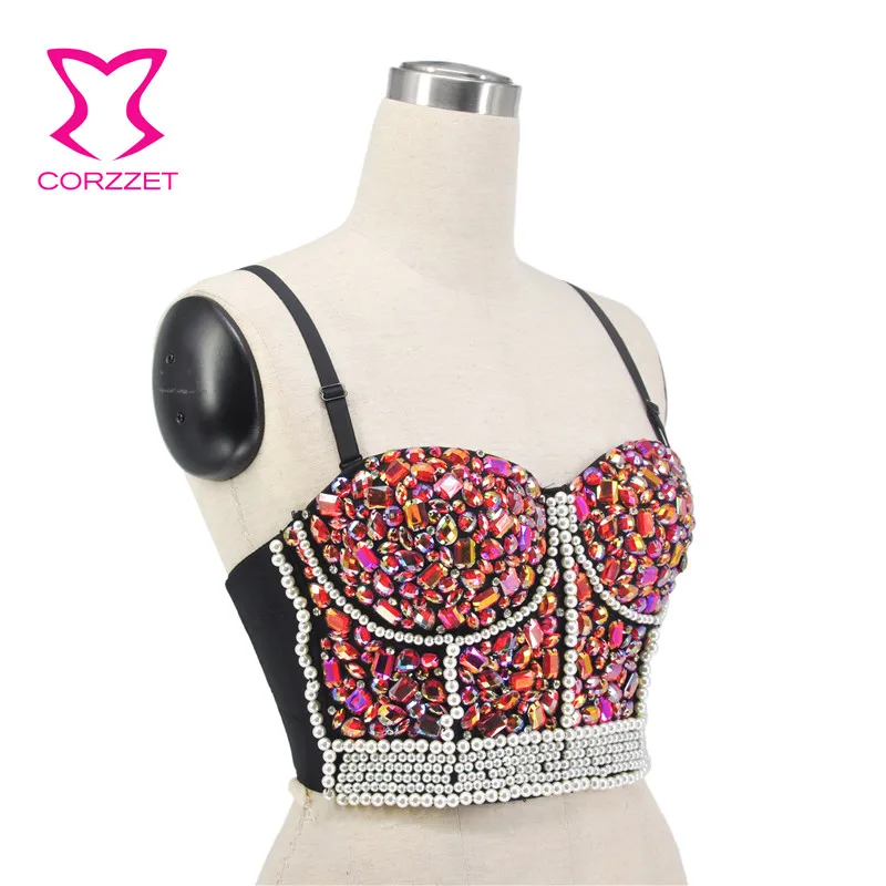 Corzzet Pink Lovely Corset Bra With Beading & Rhinestone Nightclub Party Bustier Women Performance Wear Crop Tops For Bigger Cup