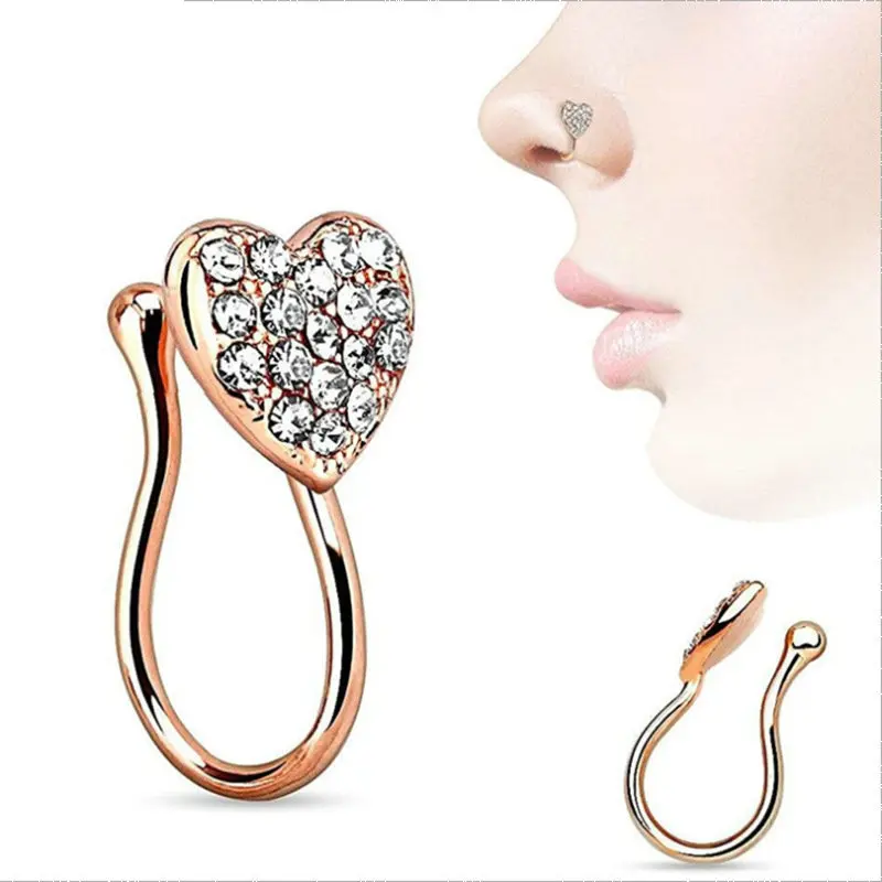 316L Stainless Steel Rhinestone Crystal Clip No Nose Heart Shape Ring Types Nose Piercing Jewelry