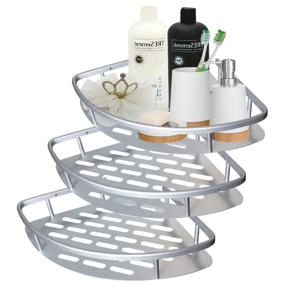 Tension shower caddy and tension pole caddy and bamboo corner caddy and Aluminium bath corner rack, 3 tiers corner shelf