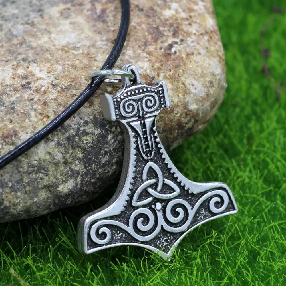 Norse Vikings Amulet PENDANT Necklaces Hammer Of Thor Mjolnir Pendant Leather Rope Necklaces Knot Viking Jewelry