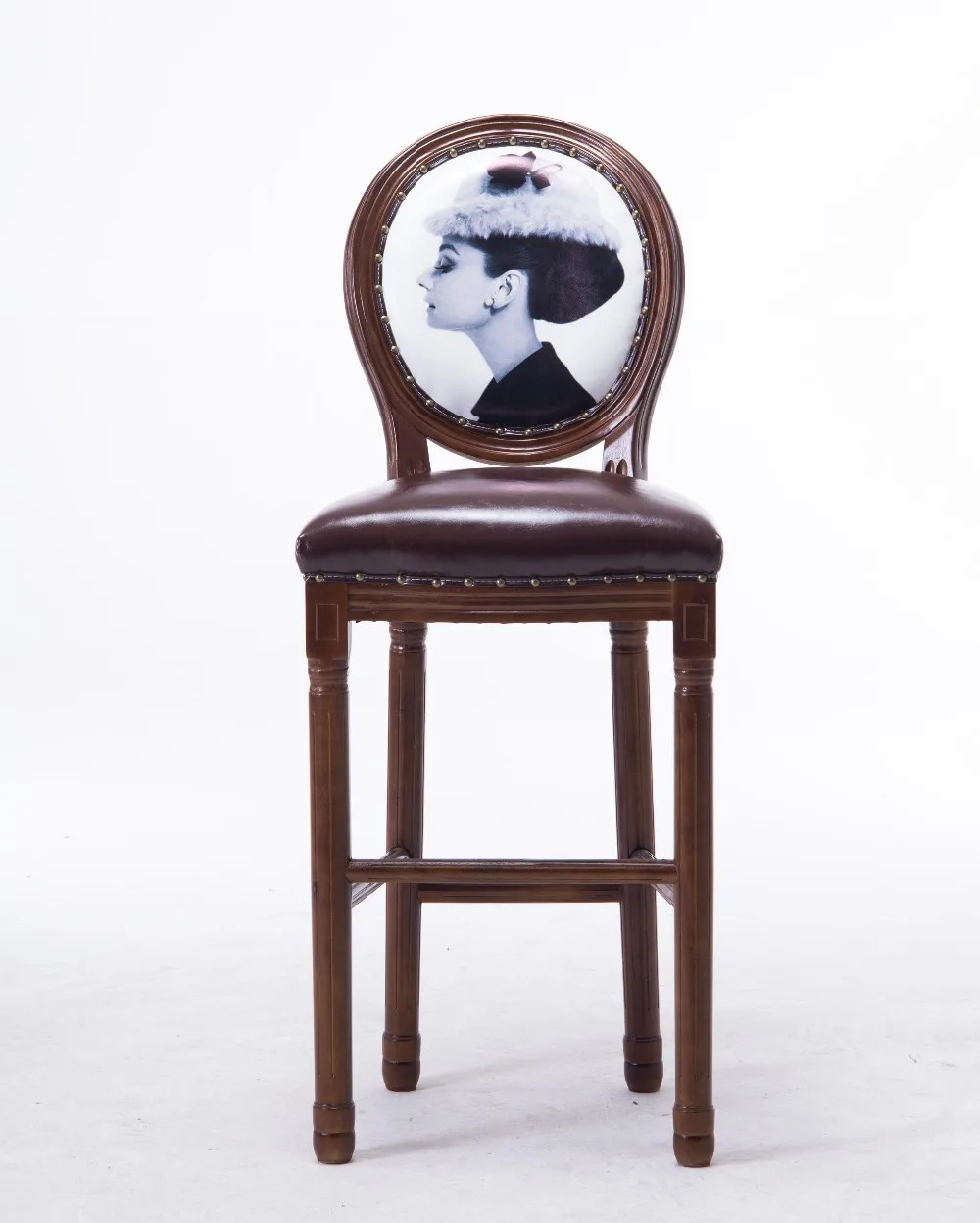 
8017 Antique Style Solid Wood Round Back High Legs Chair Aries Modern BarStool With Nail Head Trim Dining Room Furniture 
