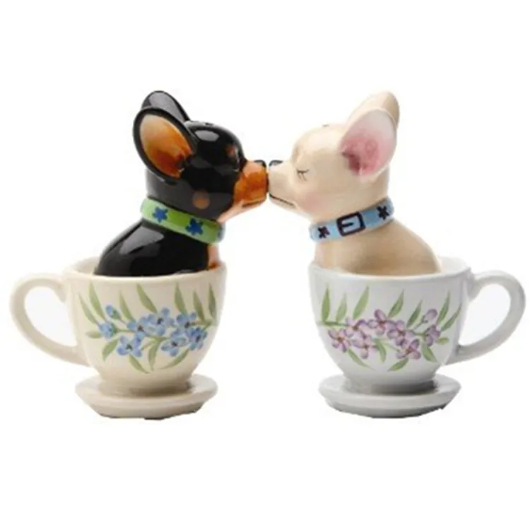 Ceramic 1 X Tea Cup Pups Magnetic Salt & Pepper Shaker Set