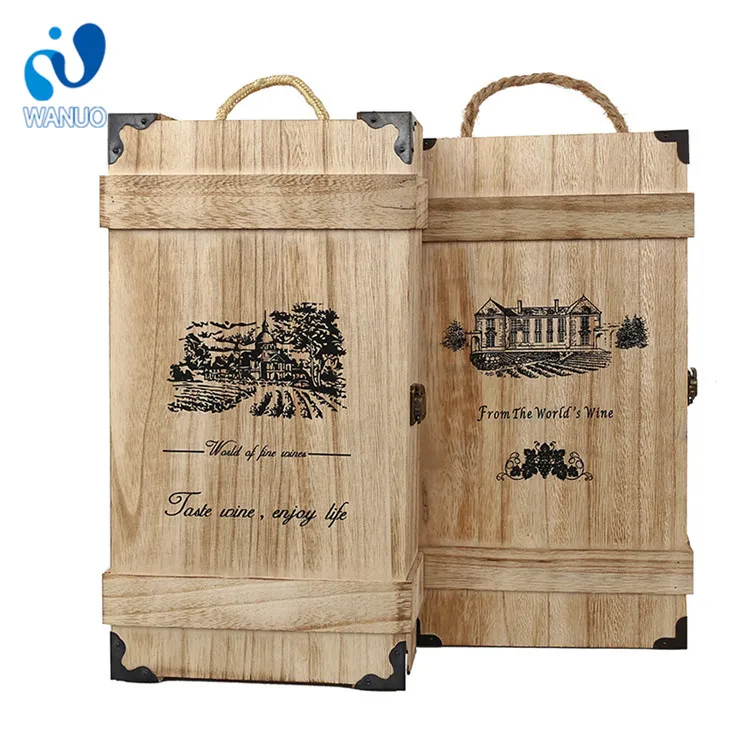 WanuoCraft 2 Bottles Paulownia Handmade Wooden Wine Storage Crate Box Wine Bottle Wood Box