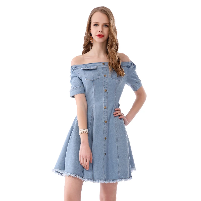 Casual Off-shoulder A-Line  Front Button Denim Dress for women Wholesale