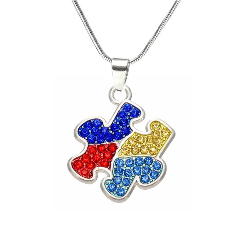 Fashion Crystal Puzzle Piece Autism Jigsaw Pendant Snake Chain Necklace For Autistic Awareness Jewelry