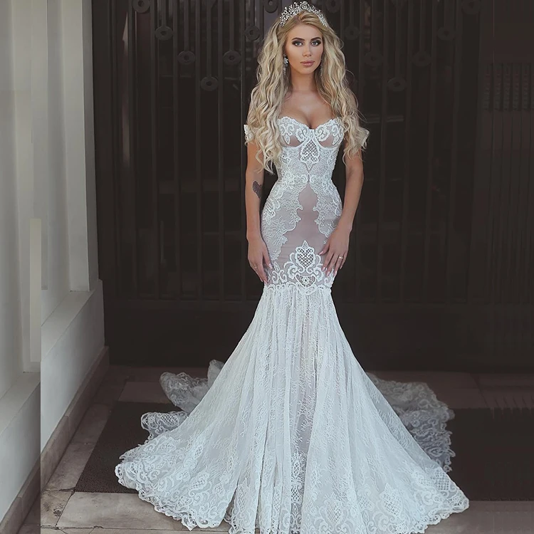 off shoulder sweetheart fashion  western long tail lace vestidos de novia bride dress sexy mermaid bridal gowns  wedding dress