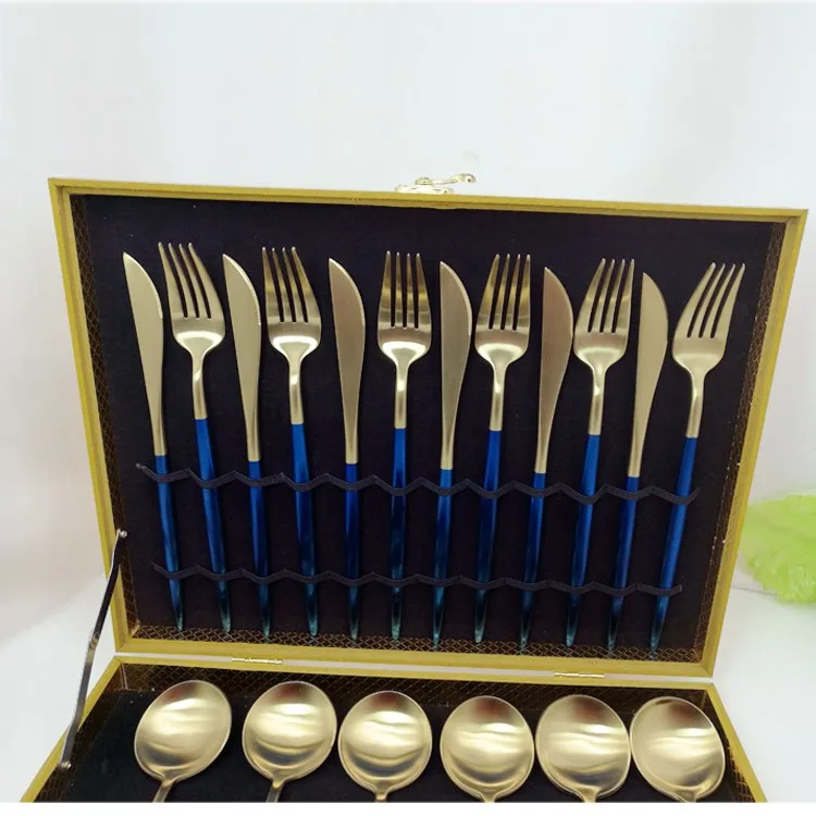 
Hot Sale gift 24pcs matte effect Stainless Steel Matte Blue&Gold/Full gold Flatware Set 