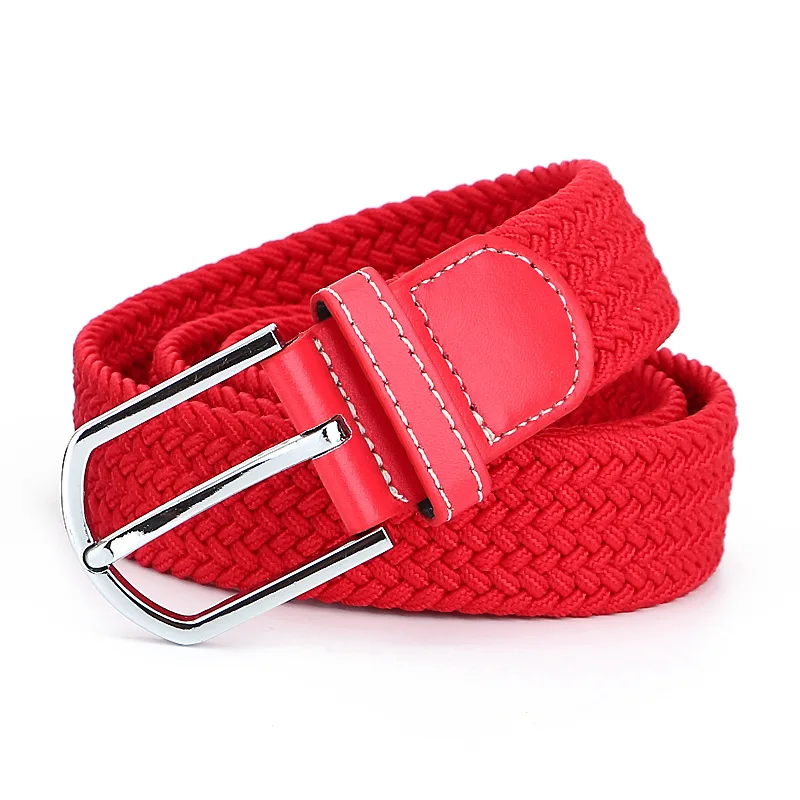 Unisex Canvas alloy buckle  Woven Men Elastic Stretch Waist Belt with  genuine leather end
