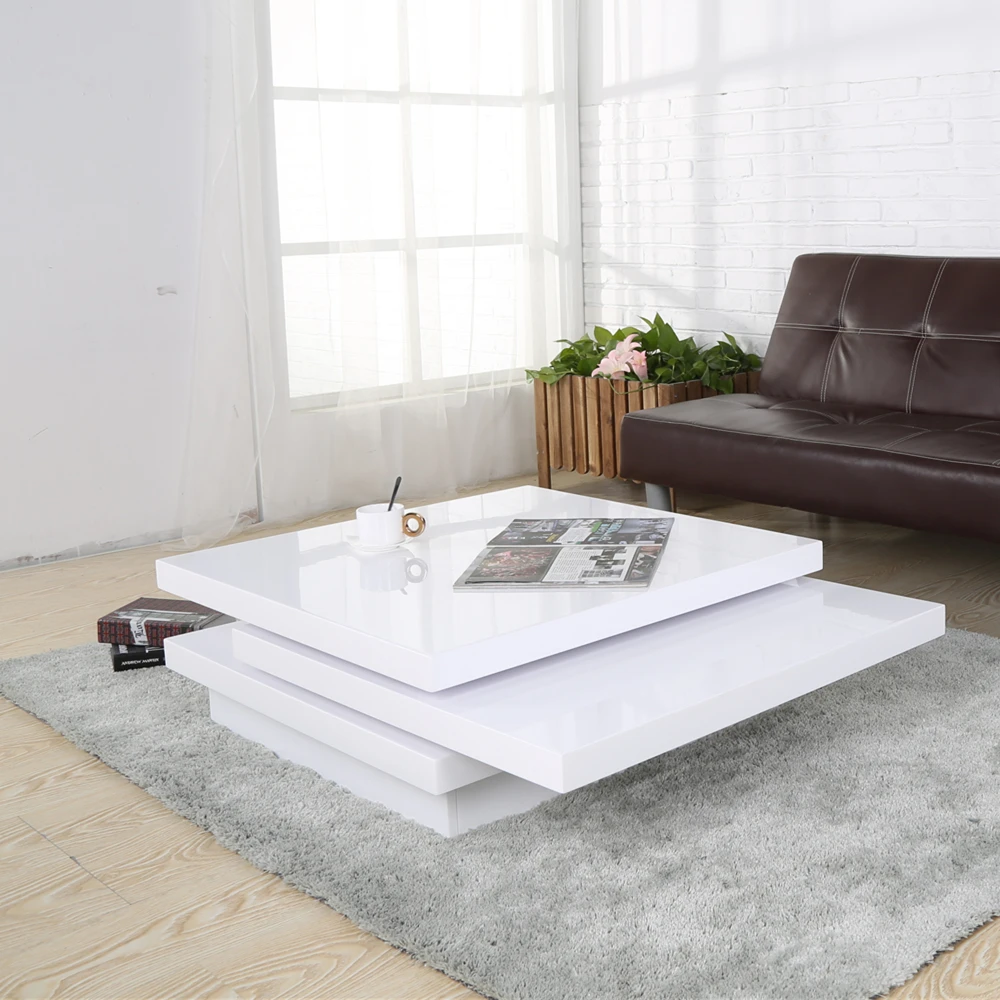 Оптовая продажа по заводской цене белый кофейный столик из МДФ с высоким блеском и вращающимся 3D-эффектом