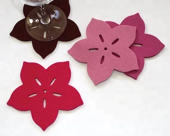 4 Pack Colorful Flower Shape Felt Cup Coasters for Drinks