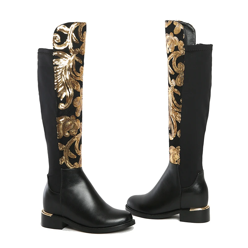 WETKISS Wholesale 2019 High End Fashion Gold Flower Real Leather Winter Womens Long Boots Knee High Leather Boots for Women