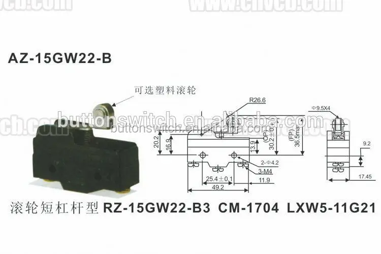
AZ-15GW22-B screw terminals and short roller limit switch Z-15GW22-B3 CM-1704 roller switch manufacturer 