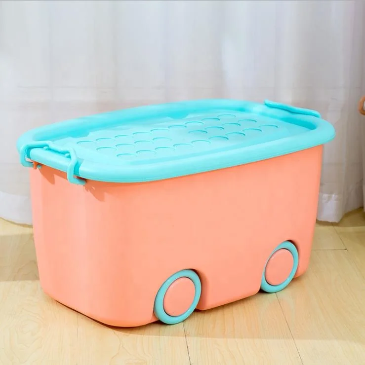 Kids Car Shaped Colorful Plastic Clothes Toy Storage Box With Wheels
