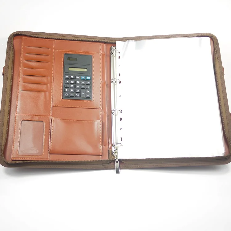 
Zipper PU leather Conference Folder with card holder with calculator, Compendium Business Portfolio File Folder for Meetings 
