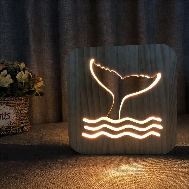 custom natural wood christmas craft dog design effect led night stand light wooden table lamp