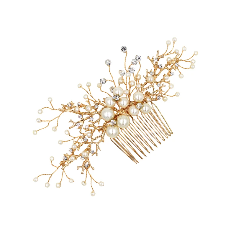 O384 Elegant Wedding Bridal Headpiece Alloy Pine Branch Pearl Crystal Bride to Be Hair Comb Women Pageant Hairwear Tiara