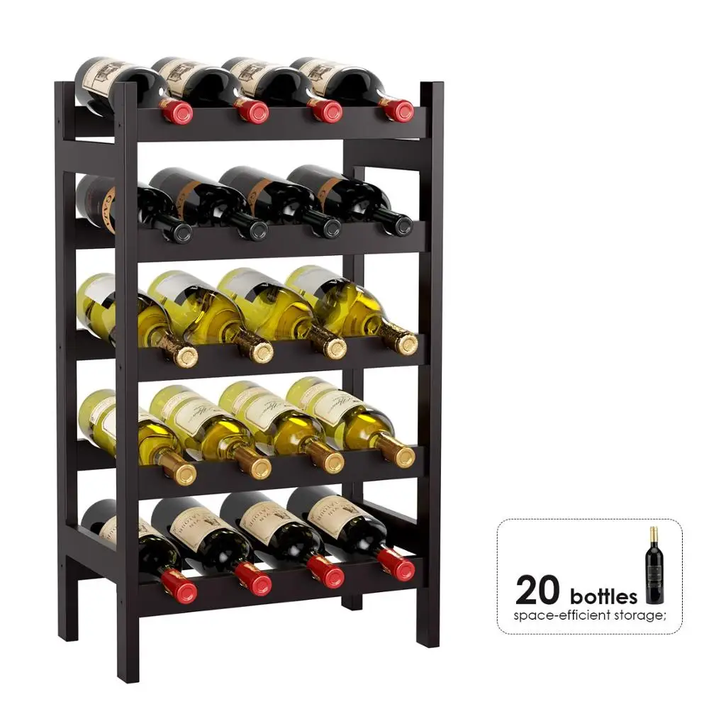 20 Bamboo Wine Display Bottles Storage Rack Free Standing with 5-Tier Shelf Wobble-Free