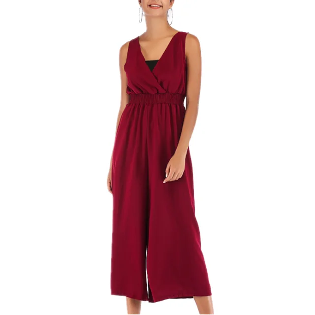 
New style V neck waist-tight nine points length wide leg women chiffon jumpsuits 