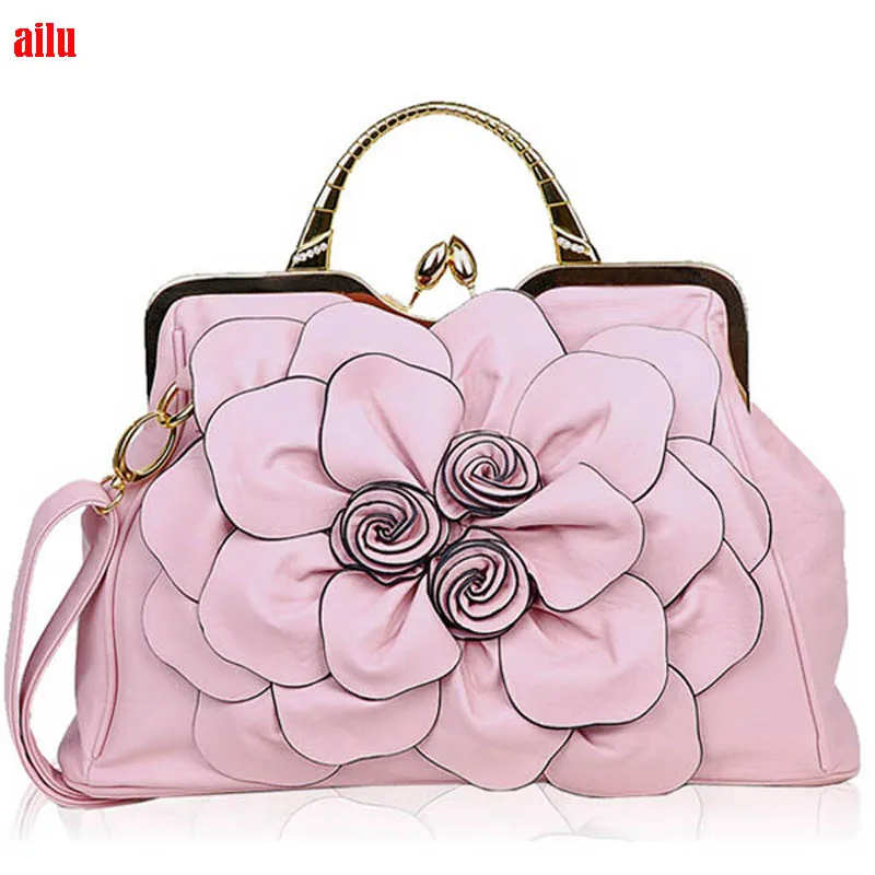 Classic large flower rose leather ladies handbag, office lady leather handbag