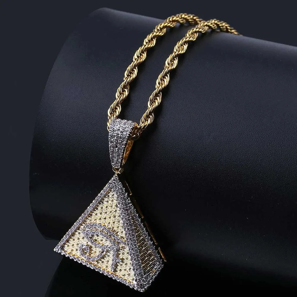 Egyptian Pyramid iced out pendant necklace Zircon Illuminati Bright Eye Of Horus gold pendant necklace iced out cuban link chain