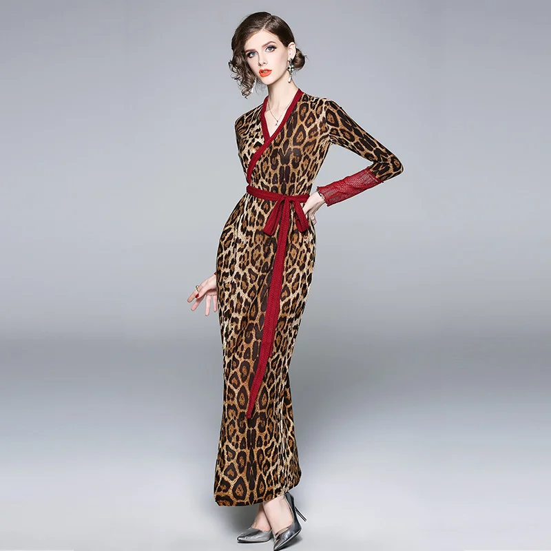 
European and American Women Fashion Red Lace Patchwork Open Stitch Sexy Leopard Maxi Dress 