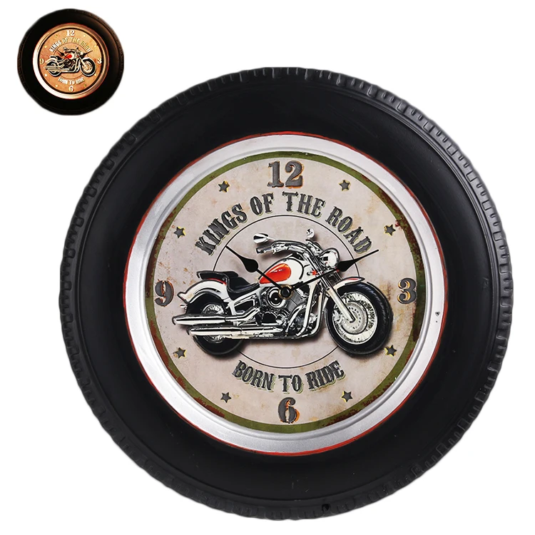 
Factory price antique retro car tire glow iron wall clock for home decor 