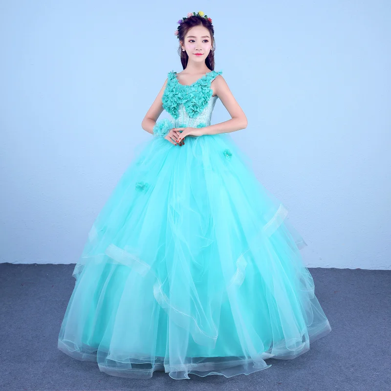 Sexy Lake Blue V neck Audition Performance Solo Ball Gown Wedding Banquet Host Dress For Women