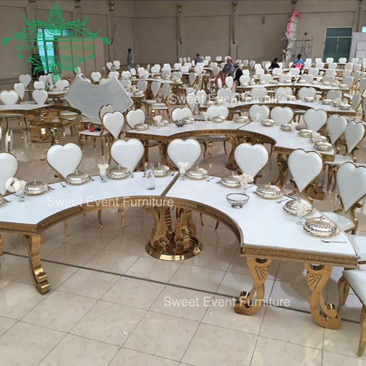 Latest royal design half moon shape wedding table with golden chairs