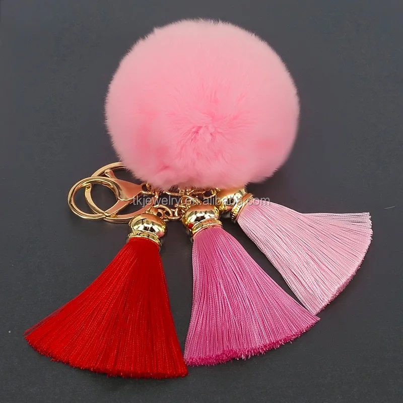 Stock Wholesale Colorful Korea Tassel Key chain With fur ball Pom Pom Key rings for lady