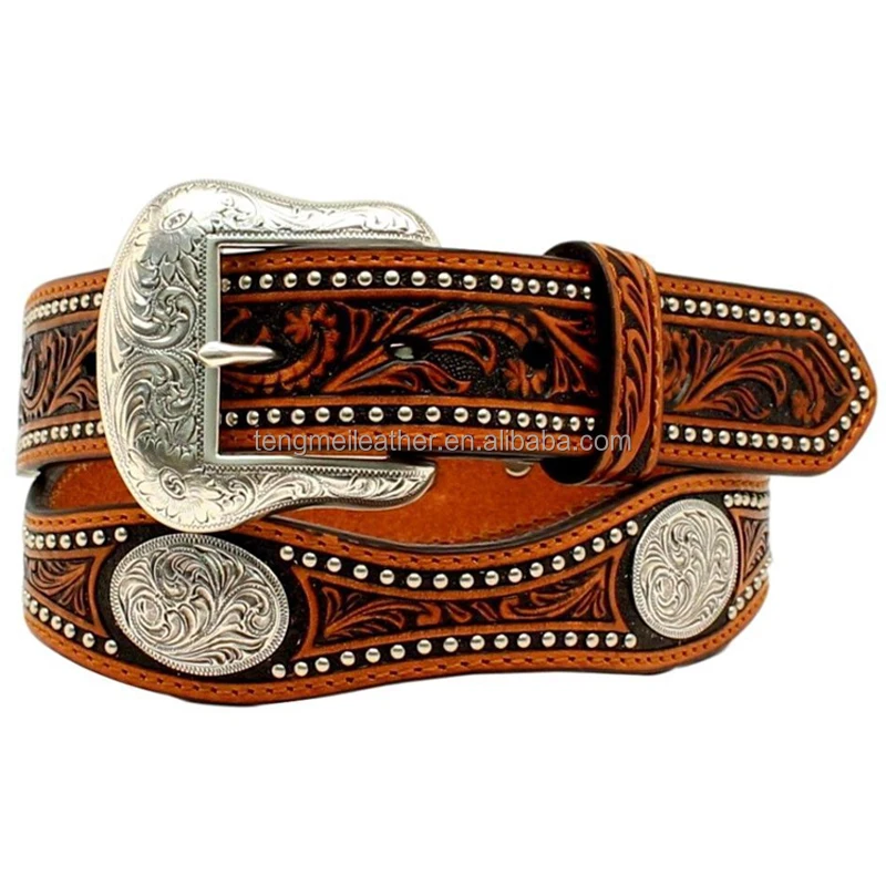 Tan Western Strap Genuine Leather Rivet Studded Mens Scallop Concho Belt