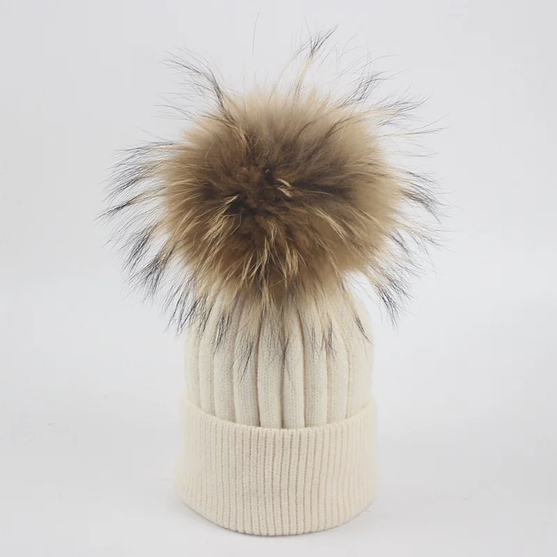 
2018 Best selling baby kids raccoon fur pom poms knitted wool hats  (60768059415)