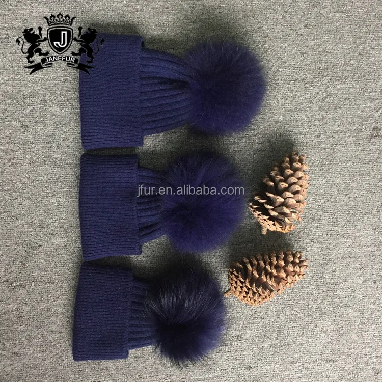 Wholesale Raccoon fur pom kids crochet angora beanie winter hat with top ball