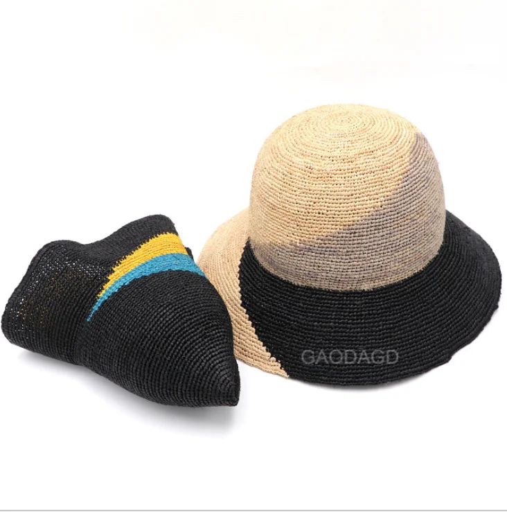 Custom outdoor sun protective raffia straw bucket hat