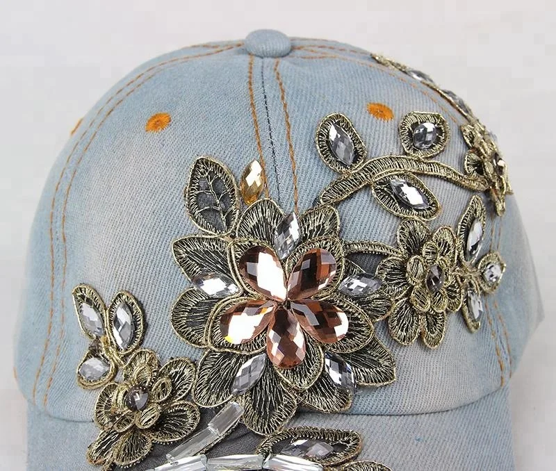 Embroidered Vine Baseball Cap Paste Rhinestone Manufacturer from China Sport daily and Sun Hat 6-panel Hat Plain Adjustable