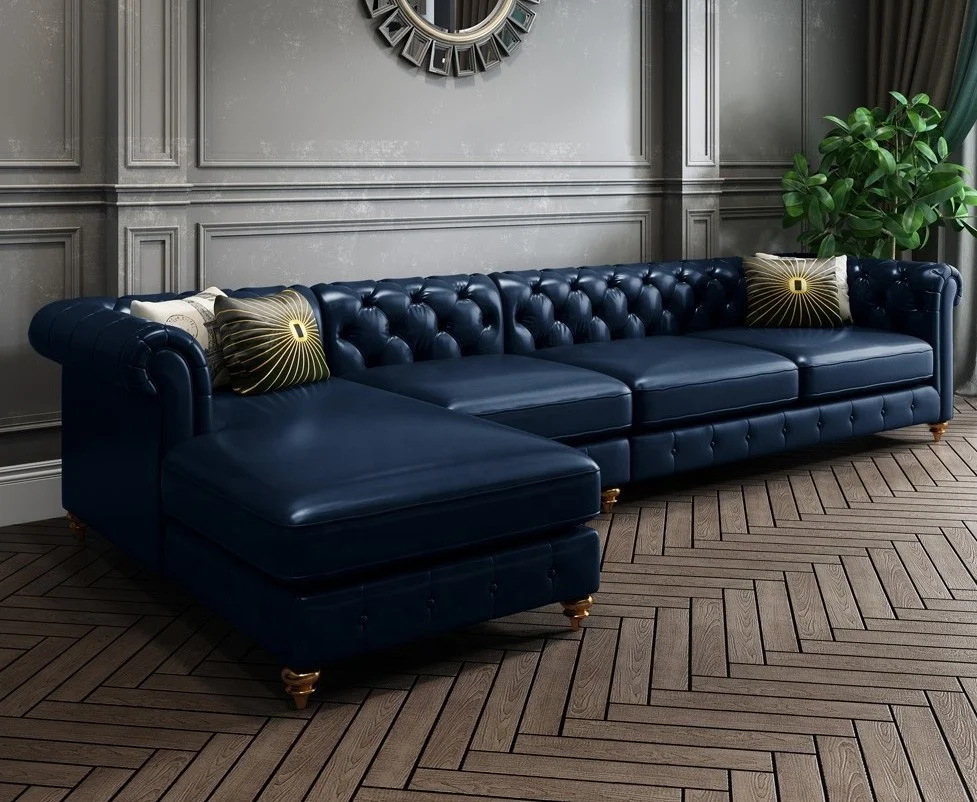 
Leather cushion solid wood structure chesterfield sofa set for hotel 