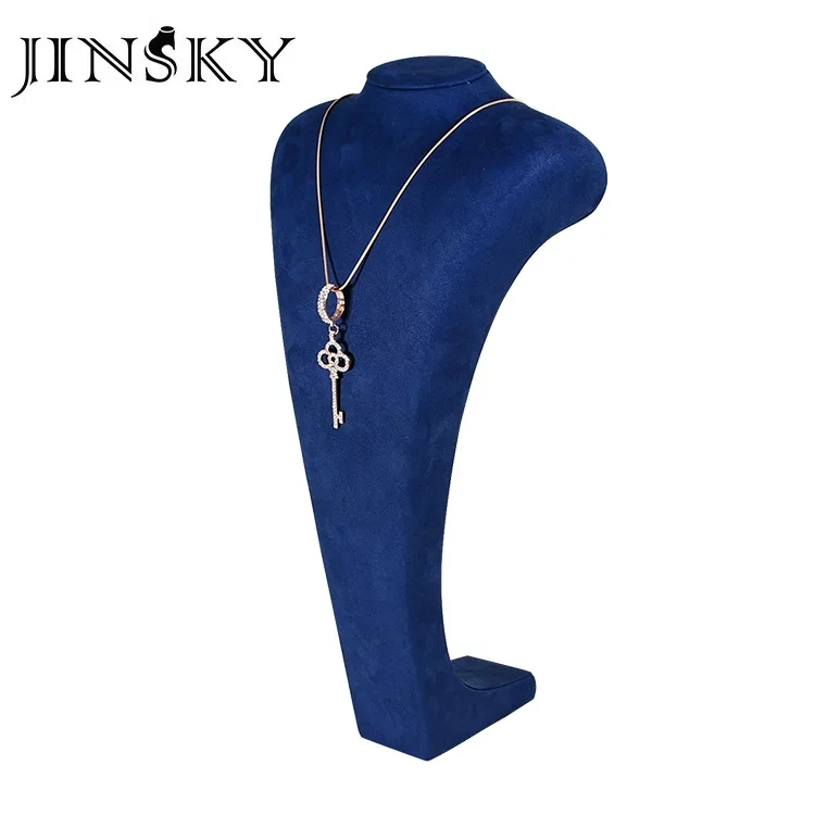 JINSKY custom suede blue jewelry display wooden earring stand jewellery display set for window showcase