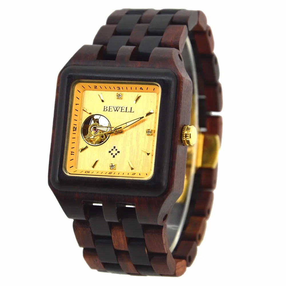 High-End Mechanical Watches with Blood Wingceltis Wood Watch Case and Band Golden Watch Dial