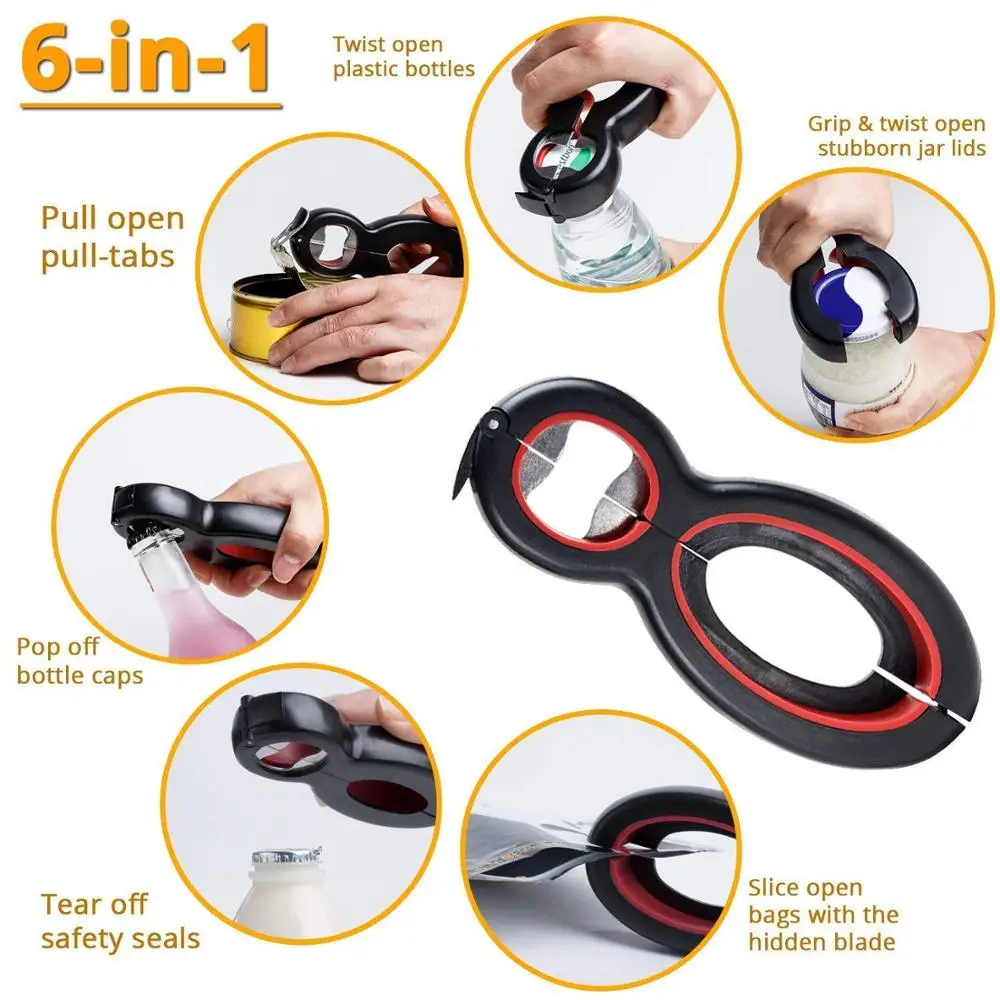 kitchen gadgets tool 6 In1 Multi-functional Non-Slip Bottle Opener Can Opener for Weak Hands, Arthritis, Seniors, Elderly